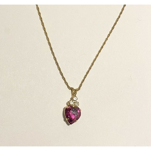 Vintage Heart Shaped Pink Jewel Pendant With Gold Tone Chain - Picture 1 of 4